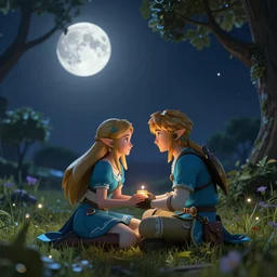 zelda under the moon in a romantic scene, fantasy style, octan render, ultra realistic, beautiful nightscene