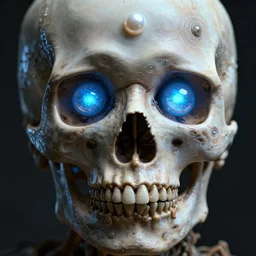 very detailed portrait of skull with pearl sphere blue glowing eyes + melting face skin + 4 k hyper details render + by alex grey + fractal mundelbulb intricate design + dramatic lighting + cinematography photography