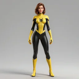full body character turnaround of a woman in an orb weaver outfit, character sheet, matte painting, spiderwoman!!, good value control, highly detailed portrait, ultra realistic, character turnaround, digital painting, concept art, sharp focus, smooth, 3 d model, illustration, yellow and black color scheme, realistically proportioned body, realistically proportioned head