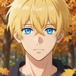 male anime character, blonde hair, luminescent blue eyes, symmetrical, highly detailed, digital art, sharp focus, trending on art station, blue eyes, autumnal colours
