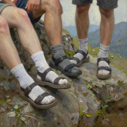 tourists wearing sandals with socks falling down the mountain, oil painting