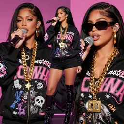 Kylie Jenner singing into mic full body wearing designer hoodie as doja cat as cardi b wearing gold chain and sunglasses and gold hoop earrings by greg rutkowski by artgem trending on artstation hero concept art