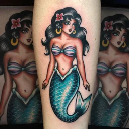 crystal blue mermaid by peter andrew jones and akihiko yoshida, rule of thirds, seductive look, beautiful, stylized as an american traditional tattoo pinup girl