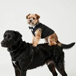 a photo of a dog in a suit riding a black man