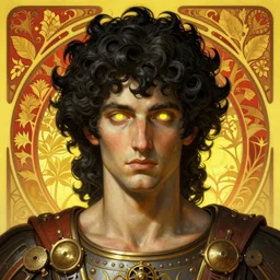 portrait of greek god ares, black curly hair, glowing eyes, volumetric lights, yellow red scheme, art nouveau botanicals, gothic, intricate, highly detailed, digital painting, artstation, concept art, smooth, sharp focus, symmetric face, illustration, steampunk, art by artgerm and greg rutkowski and alphonse mucha