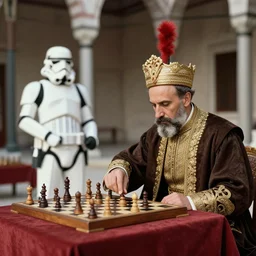 ottoman sultan playing chess with a stormtrooper in the topkapi palace, photo from 1910, extremely realistic old photo