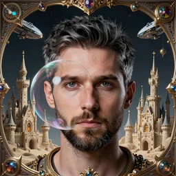 studio portrait lighting face caucasian portrait a single face centered nice short black and gray hair and beard, man, half soap bubble mind, half symetrical highly detailed ornate with jewels and precious metals futuristic, half sandman kingdom, half castle kingdom of dreams, space ships, hiperrealistc, global illumination, radiant light, art by andreas achenbach