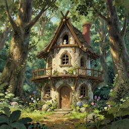 an elvish Fairy house in the Woods, fantasy, art nouveau, daylight, warm light, spring, studio ghibli, Moebius, siya oum, ultra detailed, High definition, Sharp