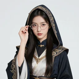 picture of an teenager female illusionist, female, elegant robes, intricate hood, small glasses, dnd, highly detailed, detailed face, grayscale, manga illustration, black and white, by artgerm, greg rutkowski, alphonse mucha