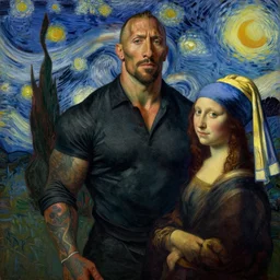 Dwayne the rock Johnson by James Gurney by Leonardo da Vinci by Vermeer by Rembrandt by Jean-Antoine Watteau by Eugene Delacroix by Claude Monet by Georges Seurat by Vincent van Gogh by Edvard Munch dramatic lighting oil on canvas trending on artstation cgsociety f/1.4