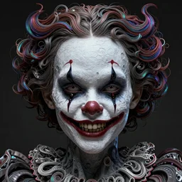 portrait of a creepy clown girl skull. intricate abstract. intricate artwork. nightmare fuel. terrifying. by Tooth Wu, wlop, beeple, dan mumford. octane render, trending on artstation, greg rutkowski very coherent symmetrical artwork. cinematic, hyper realism, high detail, octane render, 8k, iridescent accents