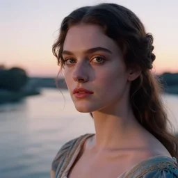 closeup plate photography portrait of a stunningly beautiful renaissance female goddess, in soft dreamy light at sunset, beside the river, soft focus, contemporary fashion shoot, hasselblad nikon, in a denis villeneuve movie, by edward robert hughes, annie leibovitz and steve mccurry, david lazar, jimmy nelsson, hyperrealistic, perfect face