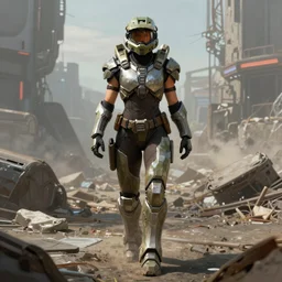 a female body builder walking in a cyberpunk wasteland facing the camera, mjolnir armor from halo infinite no helmet, attractive female face, ultra realistic, very highly detailed, 8K, octane render, Digital painting, concept art, illustration, rule of thirds, sharp focus, centered, good value control, realistic shading, Mike Nash