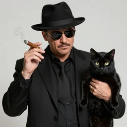mafia gangster holding cigar in left hand, black cat in right hand realistic