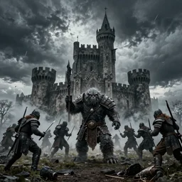 army of Gollums attack castle , thunderstorm,