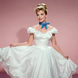the image is a lost hollywood film still photograph of a 1 9 6 0 s actress, odette from the swan princess. she is shown in a white dress with a billowing skirt and a blue scarf around her neck. her hair is styled in a bouffant and she is looking off to the side with a smile on her face. vibrant cinematography, anamorphic lenses, upscale,