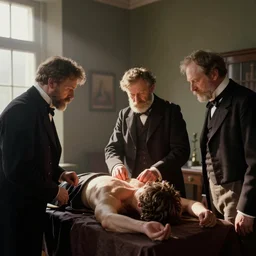 detailed photograph of victorian gentlemen observing medical procedure kodachrome