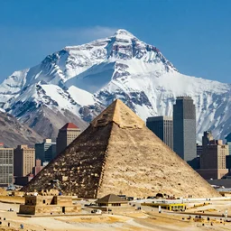 The buildings of downtown Manhattan situated below Mount Everest. The Great Pyramid is in the foreground. DSLR photograph.