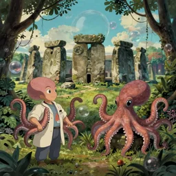 hyperrealist, studio ghibli dull colors portrait from close encounters of the third kind 1 9 7 7 of two octopi scientists swaying in a jungle bubble monument valley stonehenge.