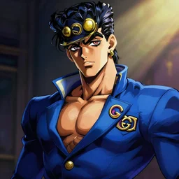 Jotaru Joestar from Jojo Bizzare Adventure in royal blue suit, modeling for Gucci, Gucci logo, sigma male, accurately portrayed, portrait art by alphonse mucha and greg rutkowski, highly detailed, digital painting, concept art, illustration, dim lighting with rgb twilight rays of sunlight, trending on artstation, very detailed, smooth, sharp focus, octane render, close up
