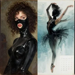 two anime beautiful female body silhouettes, beautiful curly acrylic fluid portrait, photography by amy leibowitz, renaissance painting by michaelangelo, matte fresco, black latex female balaclava, female calendar, ballerina body covered with black laces, underwater, melting glass, close up portrait, cinematic still, film still, magic hour, fashion portrait, black colors, sketch
