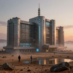 hyper realistic render of soviet era 1 9 6 0 s brutalism space research complex facility with cyberpunk glow, located in the desert, puddles of water, by greg rutkowski, kait kybar, ivan shishkin, sunset, foggy, stunning skies, volumetric lighting, sharp focus, hyper detailed, digital art, trending in artstation, unreal engine 5 rendered, cryengine