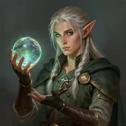 a half elf dnd chracter portrait holding a glass ball 4k digital painting
