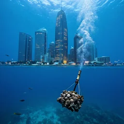 underwater city with skyscrapers with lights, view of pristine seas with fish, scallop dredging