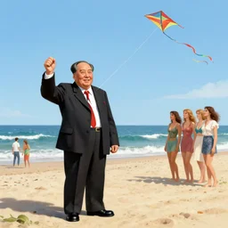 george soros dressed as mao tse dong. where's wally, on a beach with beautiful girls, flying a kite, by goya