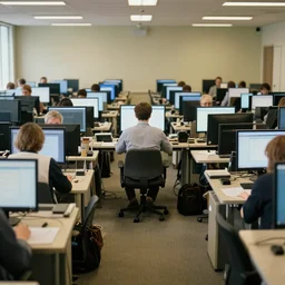 room with a lot of people working on their computers and a cropped seat in the middle of the frame, directed by wes anderson, highly detailed, photorealistic, hd, 8k.