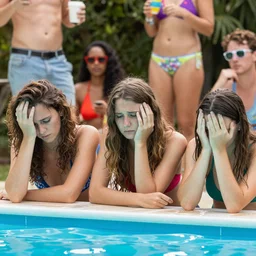 everyone is sad on a pool party, very detailed faces