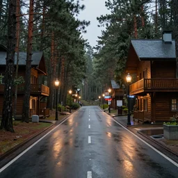 photo a wet road surrounded by pine trees, wooden buildings on side of roads, neon signs on buildings, old fashioned gas lamps lining the road, beautiful photography, volumetric lighting, flickr, artstation, 8 k, moody lighting