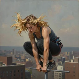 an action realistic fine art painting of a early twenties female parkouring in the city with flowing blonde hair, inspired by Tom Bagshaw and David Stoupakis, studio portrait, muted colors, detailed hair,  cinematic lighting, trending on artstation, 4K