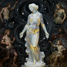 Beautiful full-body wax sculpture of glowing transparent woman with visible gold bones covered with melted white candle wax inside the singularity where stars becoming baroque folds of black matter by Michelangelo da Caravaggio, Nicola Samori, Ilya Repin, Alex Grey, William Blake, Beksinski and Greg Rutkowski, dramatic volumetric lighting, highly detailed oil painting, octan render, 8k, masterpiece