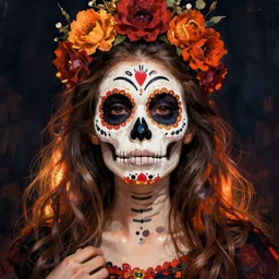 Illustration of a sugar skull day of the dead girl, art by william holman hunt
