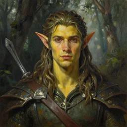 beautiful oil painting with high detail of a young attractive male wood-elf ranger with yellowish skin, and dark green and brown hair  from dungeons and dragons in the forest by artgerm and greg rutkowski and thomas kinkade