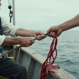close shot of sailor\'s arms on a fishing boat pulling ropes made of blood vessels  jean giraud cinematic elemental forces