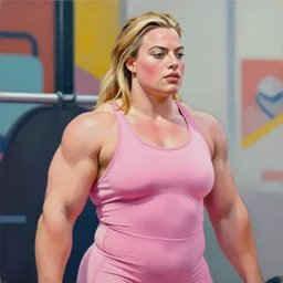 greg manchess portrait painting of margot robbie as beautiful thick very muscular roided female weightlifter zarya wearing pink dress, wide roided face, medium shot, asymmetrical, profile picture, organic painting, sunny day, matte painting, bold shapes, hard edges, street art, trending on artstation, by huang guangjian and gil elvgren and sachin teng
