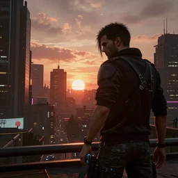 A stunning photograph of Night City from Cyberpunk 2077, setting sun, 4K