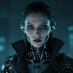 vfx film closeup, retrowave necromancer cyberpunk robot woman, flat color profile low - key lighting award winning photography arri alexa cinematography, hyper real photorealistic cinematic, atmospheric cool colorgrade
