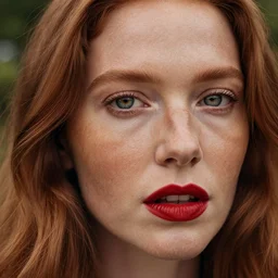 close up portrait photograph of the left side of the face of a redhead woman with stars in her irises, red lipstick and freckles. Wavy long hair. she looks directly at the camera. Slightly open mouth, face covers half of the frame, with a park visible in the background. 135mm nikon. Intricate. Very detailed 8k. Sharp. Cinematic post-processing. Award winning portrait photography