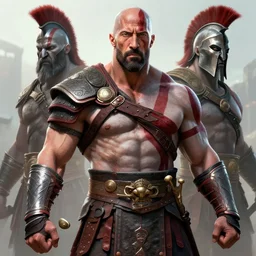 a highly detailed beautiful portrait of dwayne johnson kratos hybrid god of war, spartan warrior, olympian god, muscular!!, james gurney, octane, fantasy