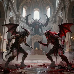 demons battle lovecraftian monsters in an abandoned church in the vatican, 8 k, soft lighting, hdr, octane render, cinematic, red fluid on walls of the church, smoke, photorealistic, bokeh
