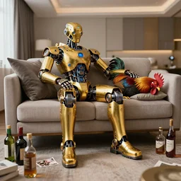 portrait photo of a shiny golden and blue metallic futuristic steampunk humanoid robot and a rooster sleeping on a sofa in a modern hotel room, many bottles on the floor, pressphoto, insanely detailed, wide shot