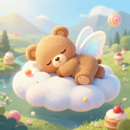 a beautiful digital matte painting of an adorable teddy bear with fairy wings sleeping on a cloud, surrounded by candy and desserts, bright natural morning light, mountains river trees, pastel color palette, by andreas rocha and jeremiah ketner