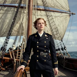 Elizabeth Swann as a British Navy Admiral, on the deck of a wooden sailing ship
