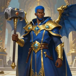 Picture of a male Cleric, black skin, blue short hair, short beard, dragon-inspired cloth robes, gold and blue, ornamental, hammer, wings, background depicting a temple, fantasy, dnd, d&d, sharp focus, smooth, illustration, digital painting, by akihiko yoshida, james jean andrei riabovitchev marc _ simonetti, yoshitaka amano, artstation