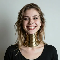 a normal smiling woman with very long neck and sharp teeth smiling, scary, 50mm