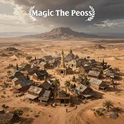 large sprawling western town in the middle of a sandy flat desert with a single mountain on the very distant horizon. magic the gathering art, digital media