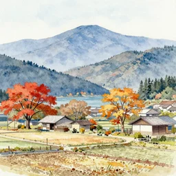 countryside in japan, autumn, trees, mountains watercolor-wash